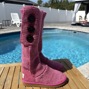 UGG Cardy Knit Sweater Tall Or Short Boots Button Pink Womens US Size 6